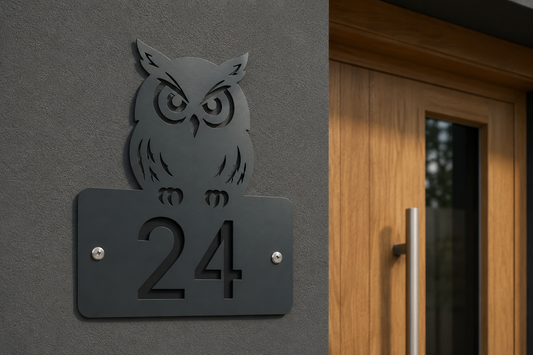 Anthrazitfarbene Eulen-Hausnummer mit ausgeschnittener Stencil-Hausnummer 24 und sichtbarer Verschraubung an einer Hauswand.