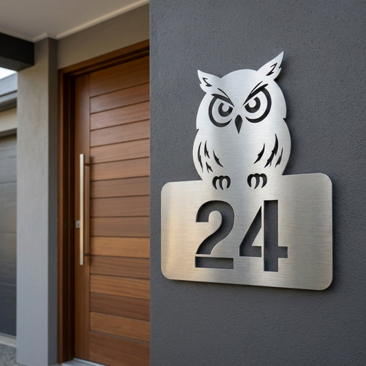 Eulen-Hausnummer aus horizontal gebürstetem V2A Edelstahl mit ausgeschnittener Stencil-Hausnummer 24 an einer modernen Hauswand.