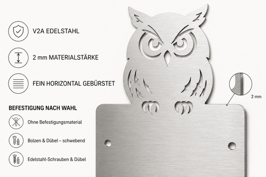 Material- und Befestigungsübersicht der Eulen-Hausnummer aus 2 mm starkem, horizontal gebürstetem V2A Edelstahl.