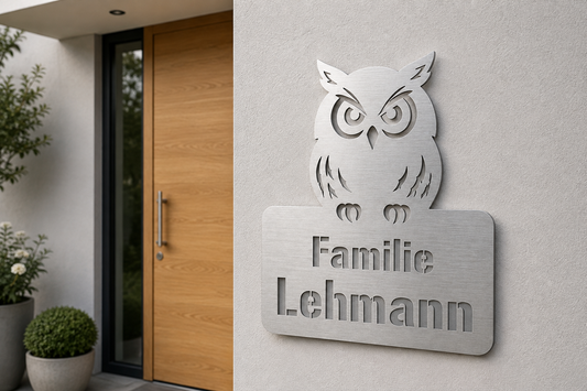 Personalisierbares Eulen-Türschild aus horizontal gebürstetem V2A Edelstahl mit gelasertem Wunschtext Familie Lehmann an einem modernen Hauseingang.