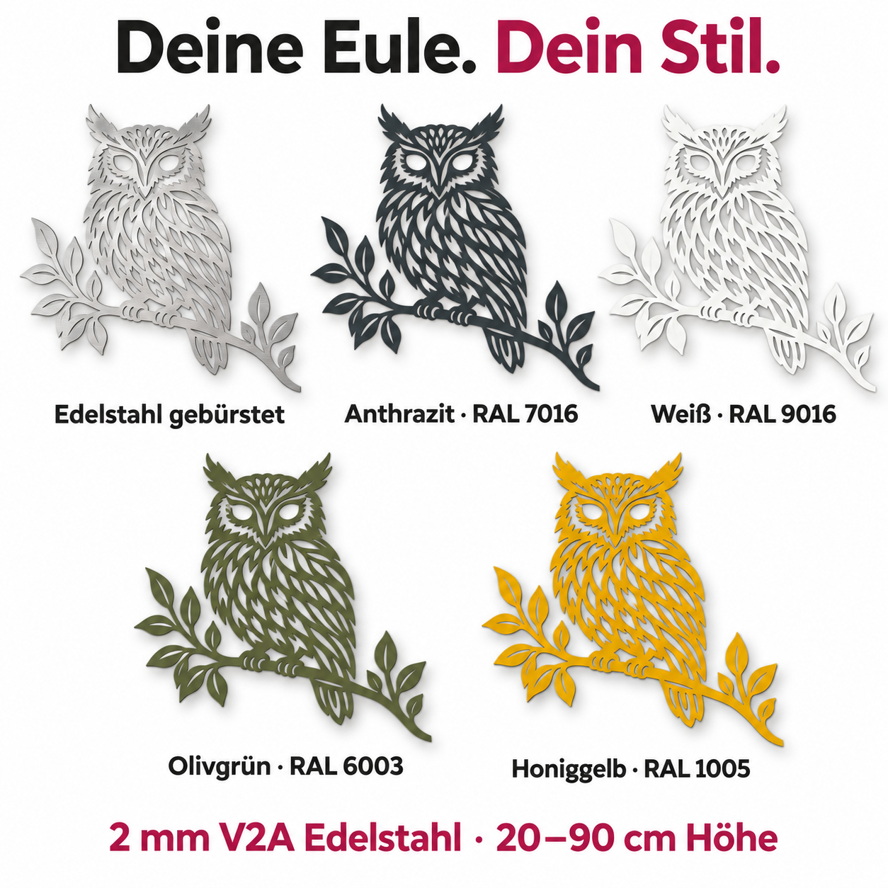 Eule auf Ast Wanddeko aus 2 mm V2A Edelstahl – Farbübersicht mit fünf Oberflächen