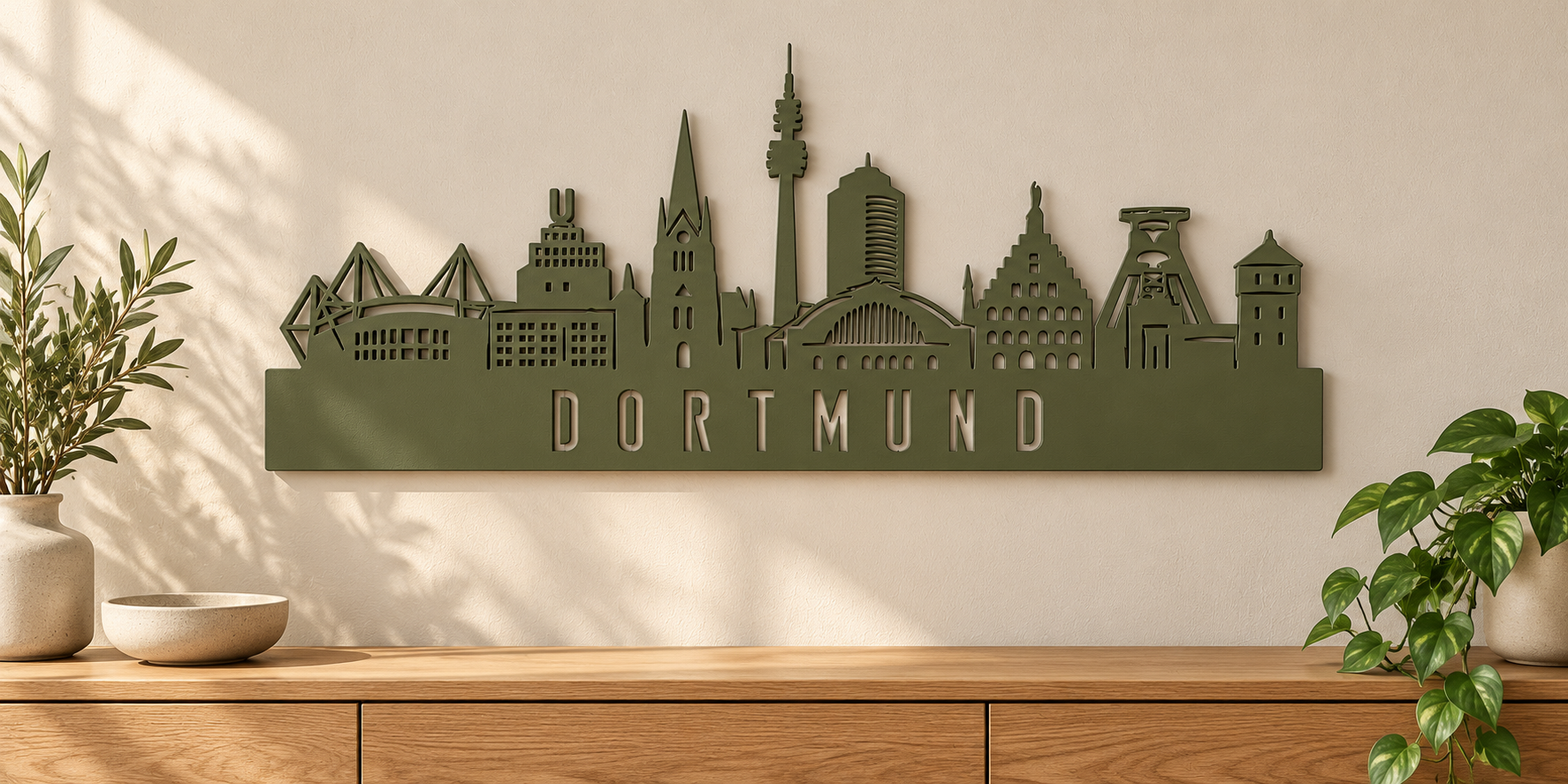 Dortmund Skyline aus V2A-Edelstahl, olivgrün RAL 6003, ohne sichtbare Befestigung