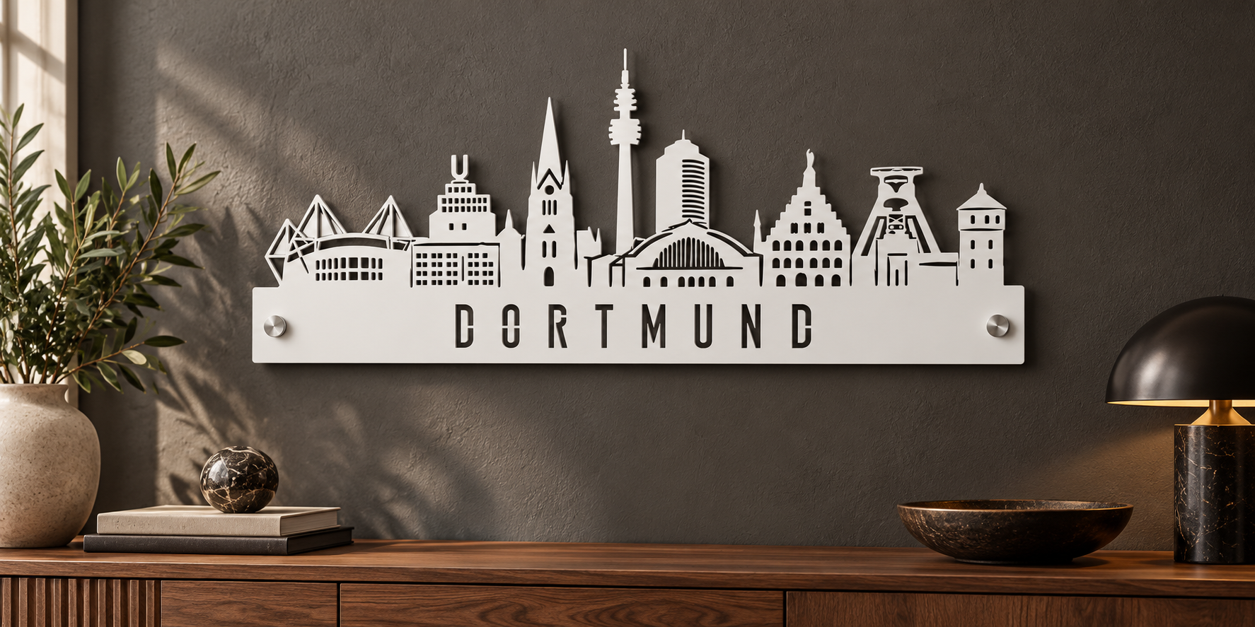 Dortmund Skyline Weiß mit Abstandshaltern