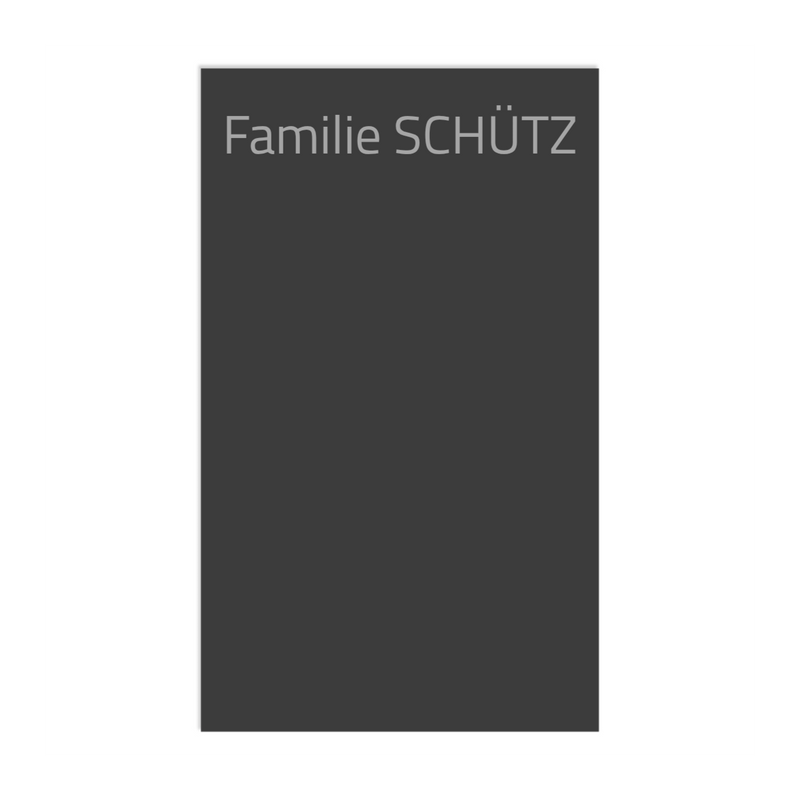 Farbige Edelstahlschilder in verschiedenen Größen. Individuell personalisierbar 40 Schriftarten über 200 Motive.