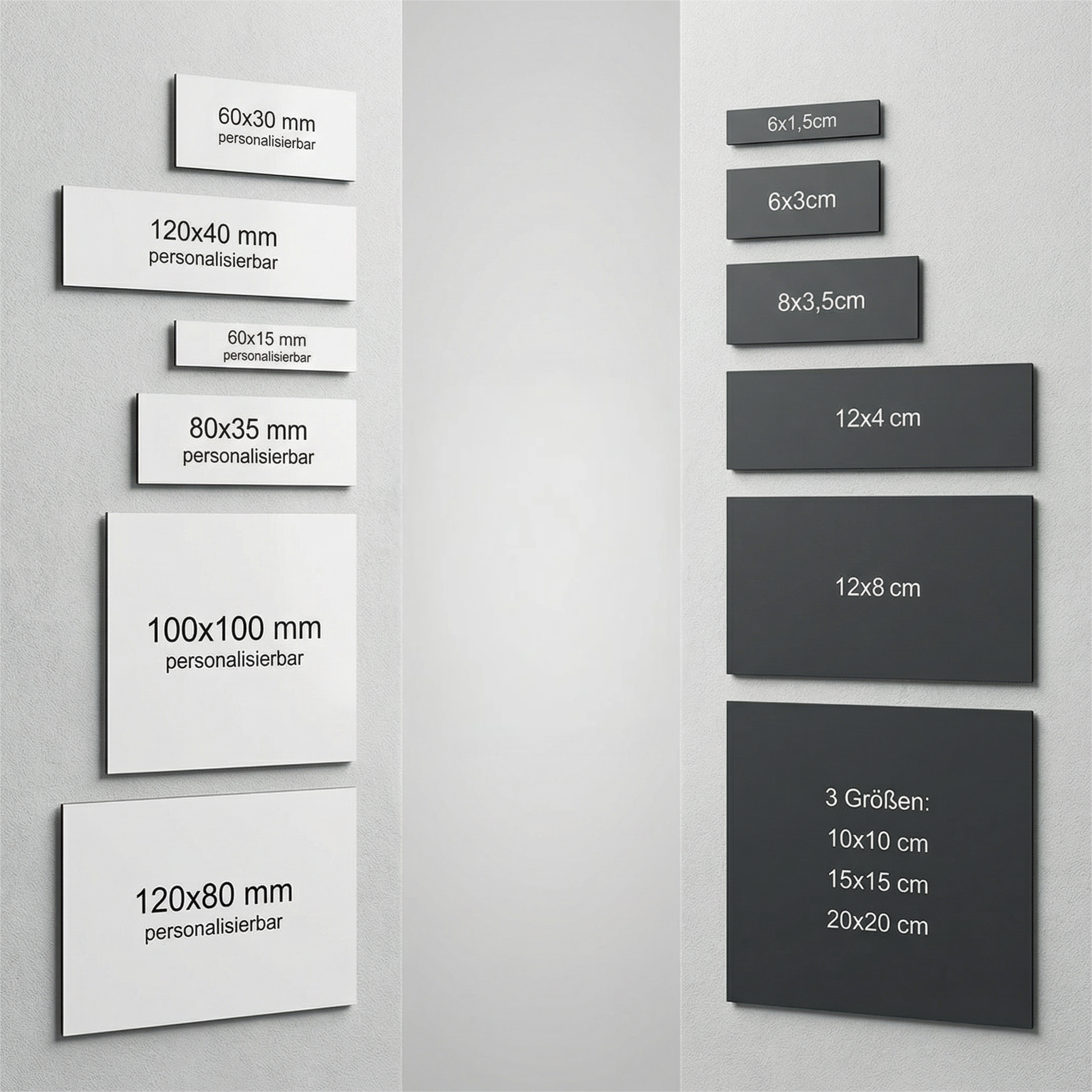 Farbige Edelstahlschilder in verschiedenen Größen mit Maßangaben, individuell personalisierbar.

