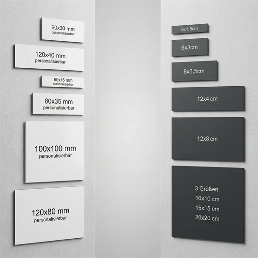 Farbige Edelstahlschilder in verschiedenen Größen mit Maßangaben, individuell personalisierbar.


