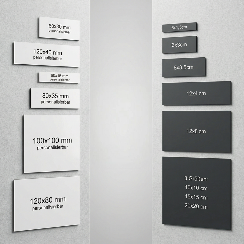 Farbige Edelstahlschilder in verschiedenen Größen. Individuell personalisierbar 40 Schriftarten über 200 Motive.