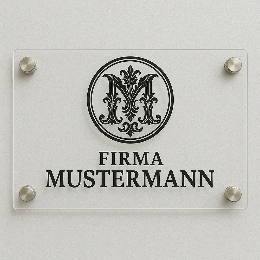 Acryl-Firmenschild mit Monogramm „M“ und dem Schriftzug Firma Mustermann, individuell gestaltbar zur stilvollen Wandmontage