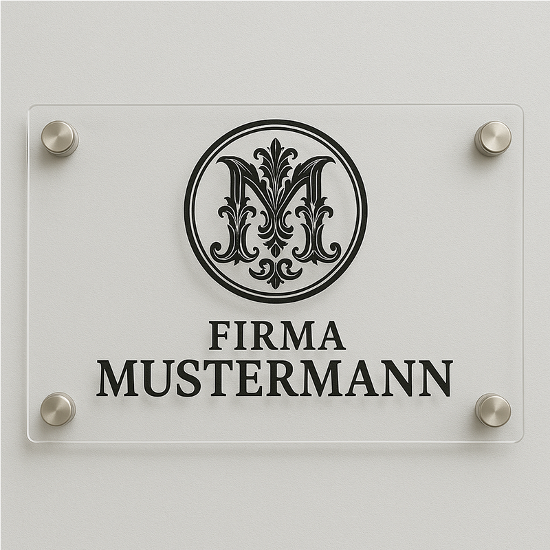Firmenschild aus Acrylglas – 5 mm stark, personalisiert, inkl. Edelstahlhalter