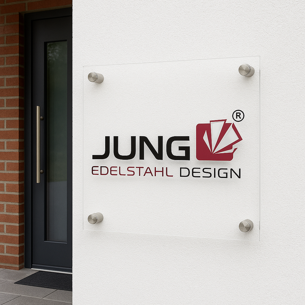 Modernes Acryl-Firmenschild mit JUNG Edelstahl Design Logo, montiert an heller Hauswand neben Haustür. Personalisierbar