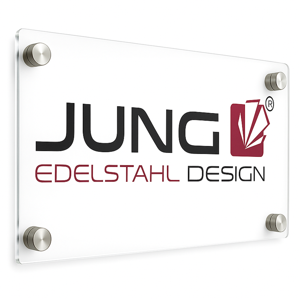 Acryl-Firmenschild mit Logo von JUNG Edelstahl Design, personalisierbar zur Wandmontage im Innen- oder AußenbereichDesign