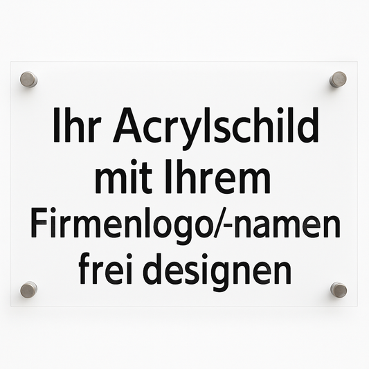 Individuell gestaltbares Acryl-Firmenschild mit Platz für eigenes Logo und Wunschtext – personalisierbar für Unternehmen, Kanzleien oder Praxen