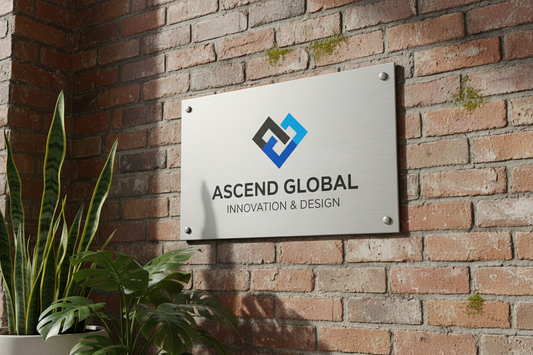 Firmenschild an Backsteinwand V2A Edelstahl individuell personalisierbar 