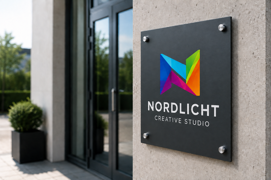 Anthrazit pulverbeschichtetes V2A Firmenschild RAL 7016 mit farbigem UV-Druck-Logo und silberfarbenen Edelstahl-Abstandshaltern an moderner Fassade.