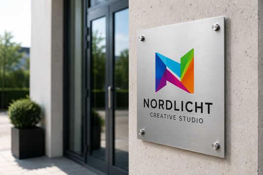 Personalisiertes V2A Edelstahlschild mit farbigem Firmenlogo im UV-Druck, montiert mit Edelstahl-Abstandshaltern an moderner Firmenfassade.