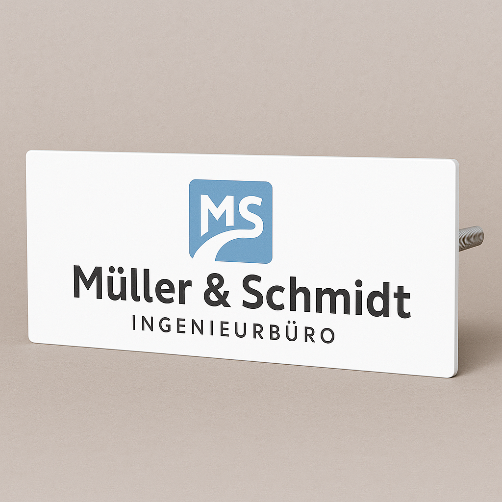 Weißes Firmenschild aus Edelstahl mit farbigem UV-Druck: Logo und Schriftzug „Müller & Schmidt Ingenieurbüro“, montiert mit rückseitigem Gewindebolzen vor neutralem Hintergrund.