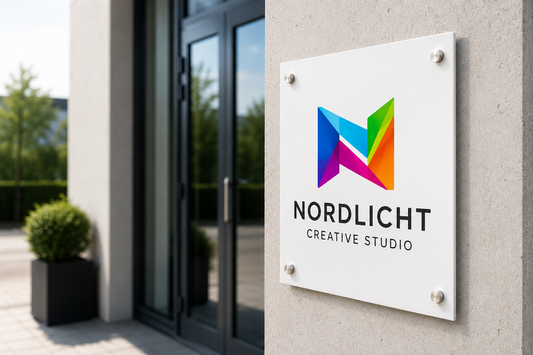 Weiß pulverbeschichtetes V2A Firmenschild RAL 9016 mit farbigem Logo im UV-Druck und Edelstahl-Abstandshaltern am modernen Eingangsbereich.