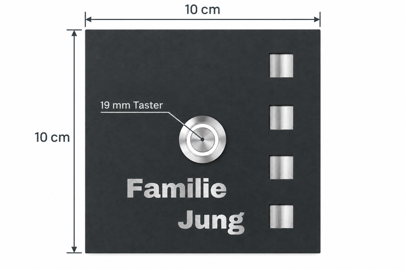 Größenangabe der Florida Türklingel mit 10 x 10 cm und 19-mm-Taster