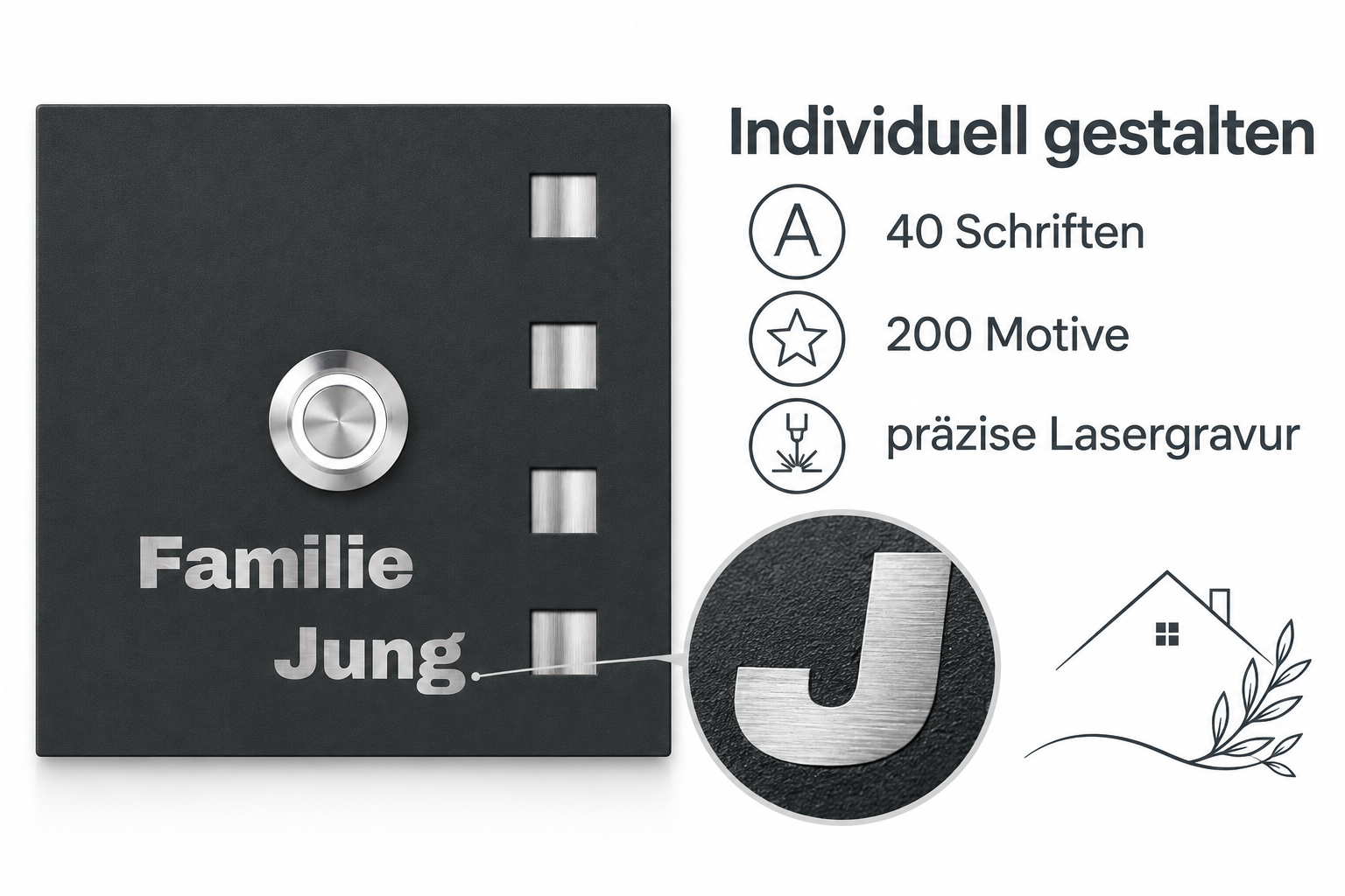 Personalisierung der Florida Türklingel mit 40 Schriften, 200 Motiven und Lasergravur