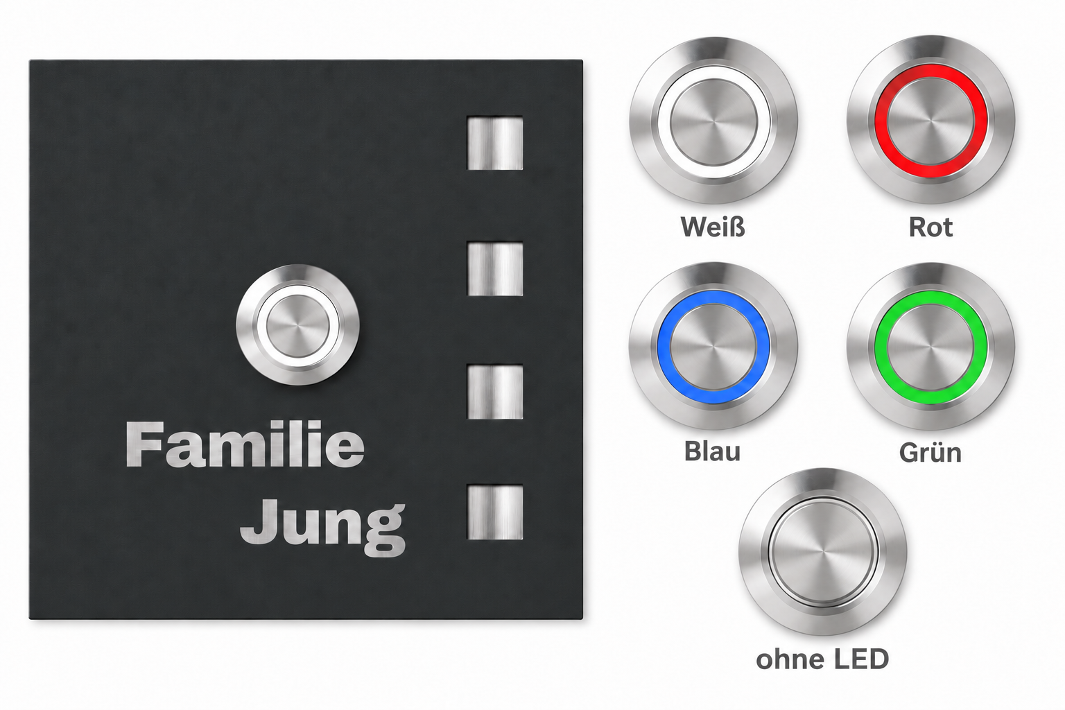Tasteroptionen der Florida Türklingel in Weiß, Rot, Blau, Grün und ohne LED