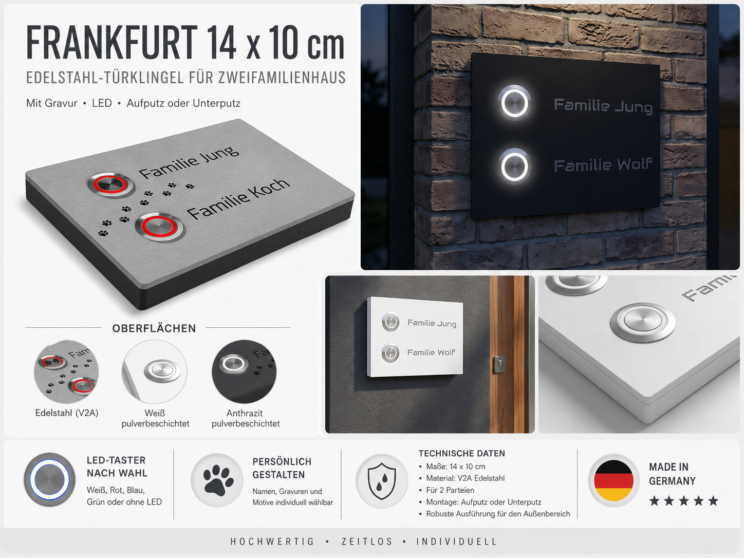 Infografik zur Frankfurt 14 x 10 cm Zweifamilienhaus-Türklingel mit Oberflächen, LED-Auswahl und technischen Daten