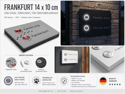 Infografik zur Frankfurt 14 x 10 cm Zweifamilienhaus-Türklingel mit Oberflächen, LED-Auswahl und technischen Daten