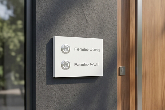 Weiße Frankfurt Zweifamilienhaus-Türklingel mit Gravur an moderner Hauswand neben einer Holztür
