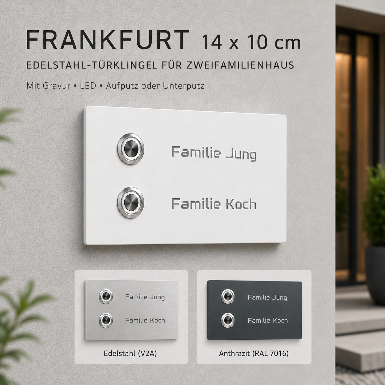 Frankfurt 14 x 10 cm Edelstahl-Türklingel für Zweifamilienhaus in Weiß mit Gravur und zwei Klingeltastern