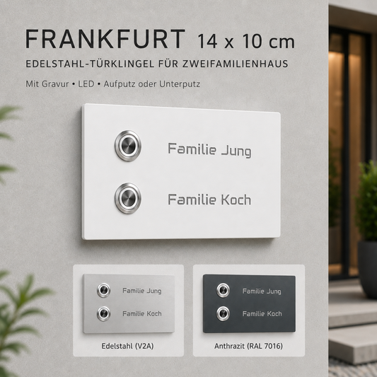 Frankfurt 14 x 10 cm Edelstahl-Türklingel für Zweifamilienhaus in Weiß mit Gravur und zwei Klingeltastern