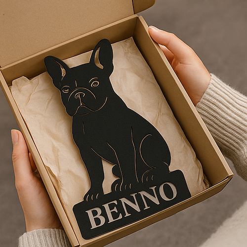 Geschenkverpackung mit französischem Bulldoggen-Namensschild