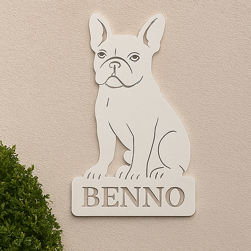 Türschild aus V2A Edelstahl – weiße Variante mit französischer Bulldogge