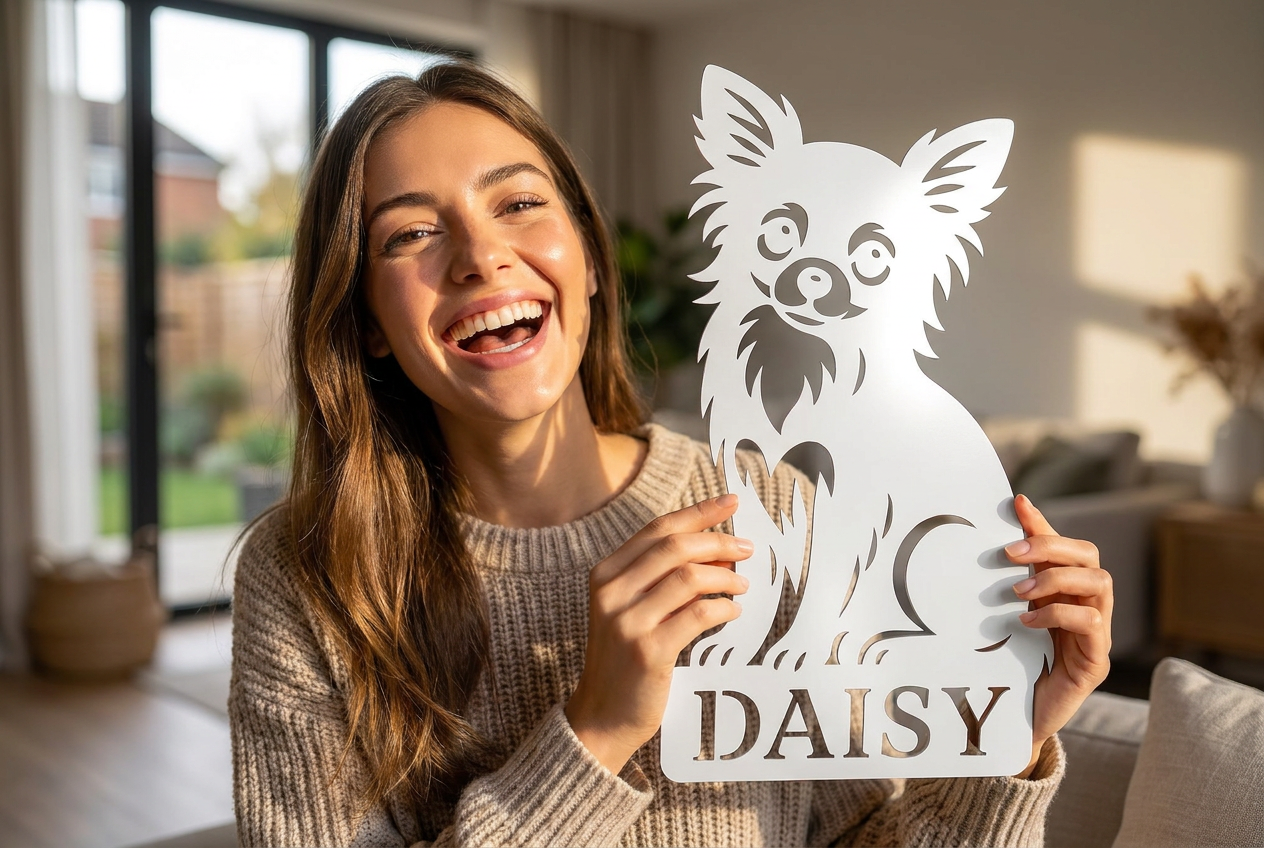 Eine junge, lächelnde Frau hält ein personalisiertes Chihuahua-Schild aus V2A Edelstahl mit dem Namen 'DAISY' in den Händen. Der Hintergrund ist leicht unscharf und zeigt herbstliche Natur
