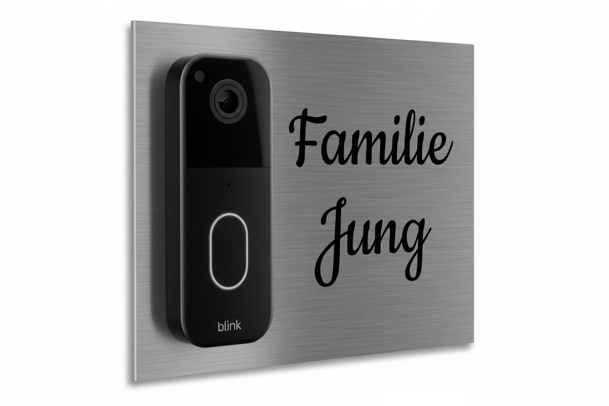 „Edelstahlschild für Blink Videotürklingel (neueste Generation) aus V2A Edelstahl, 160 × 200 mm, personalisierbar per Lasergravur oder UV-Druck.“