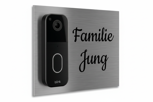 „Edelstahlschild für Blink Videotürklingel (neueste Generation) aus V2A Edelstahl, 160 × 200 mm, personalisierbar per Lasergravur oder UV-Druck.“