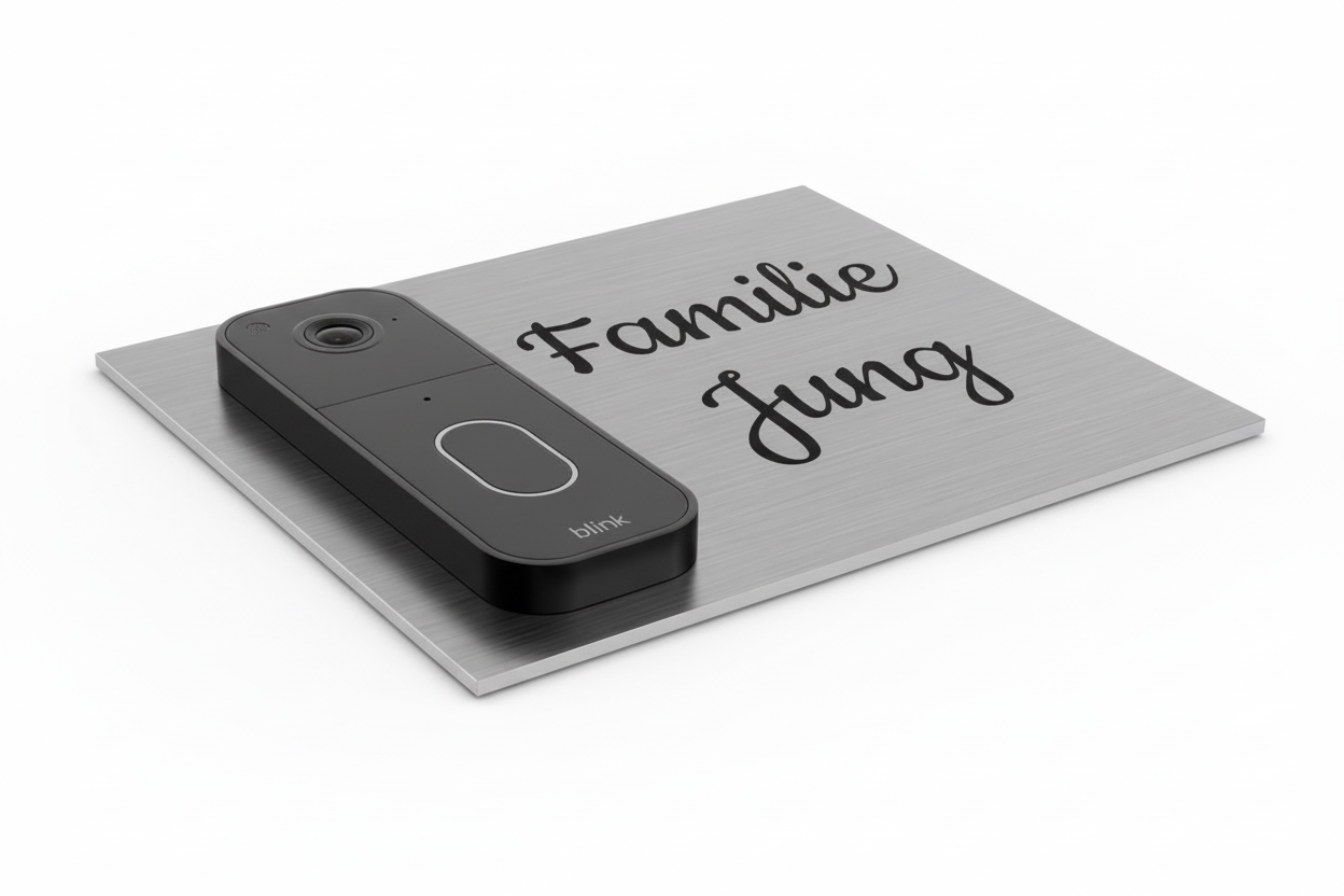„Edelstahlschild für Blink Videotürklingel (neueste Generation) aus V2A Edelstahl, 160 × 200 mm, personalisierbar per Lasergravur oder UV-Druck.“