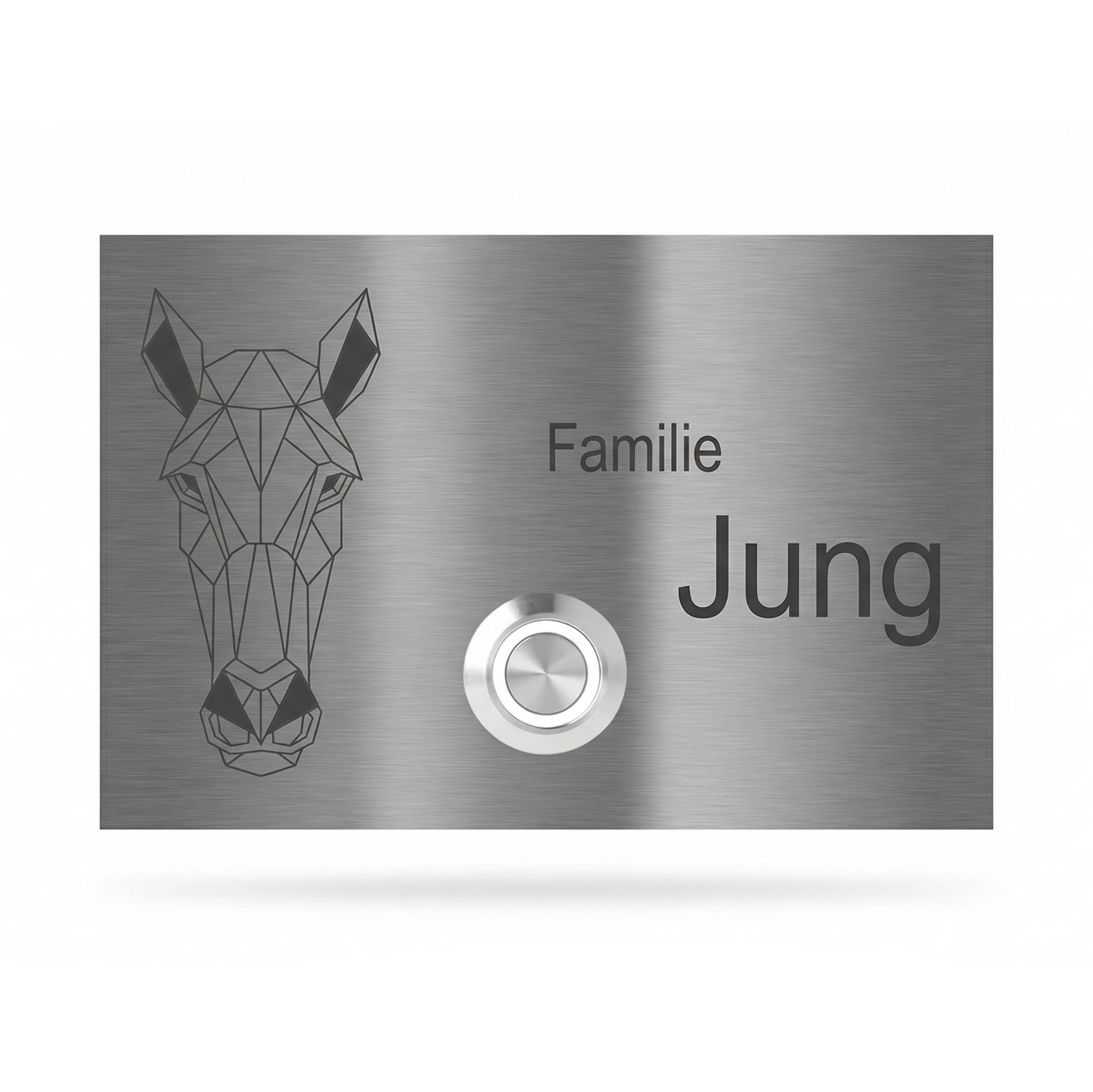 Edelstahl-Klingelschild mit Pferdekopf und Namenszug "Familie Jung".