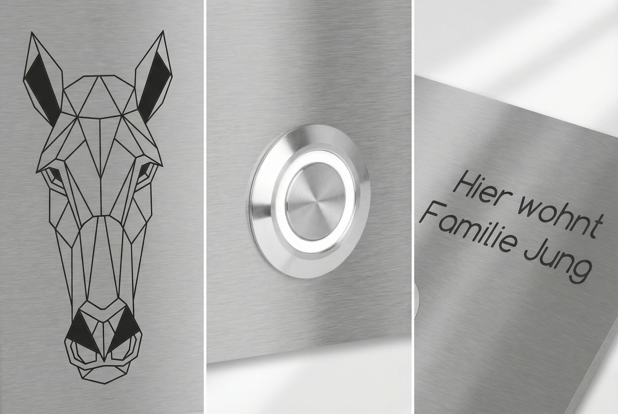 Edelstahl-Türklingel London mit Pferdegesicht, Klingel und Familienname. Kollage