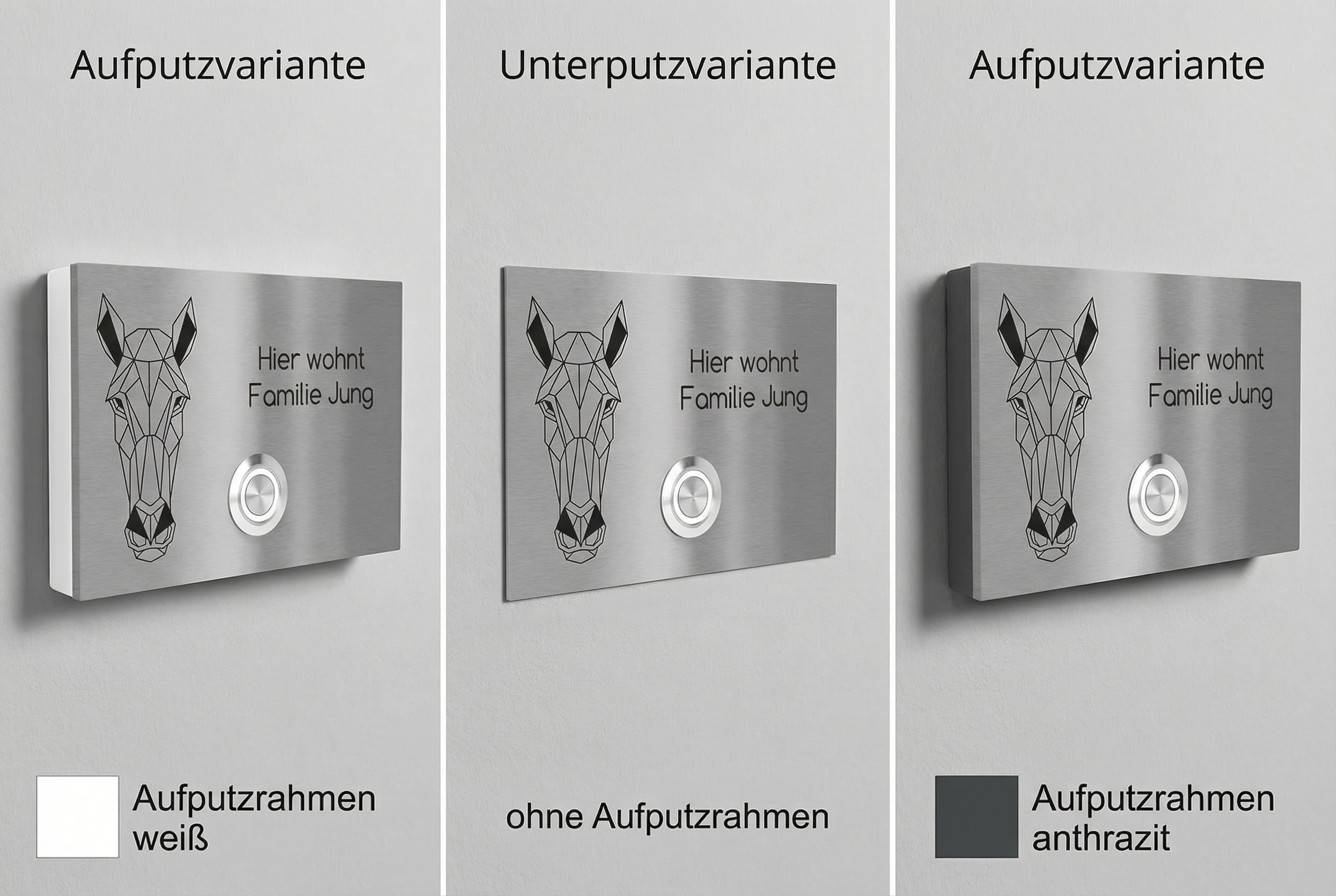 Aufputz- und Unterputzvarianten einer Klingel mit Pferdemotiv, Edelstahl, weiße und anthrazitfarbene Rahmenoptionen.