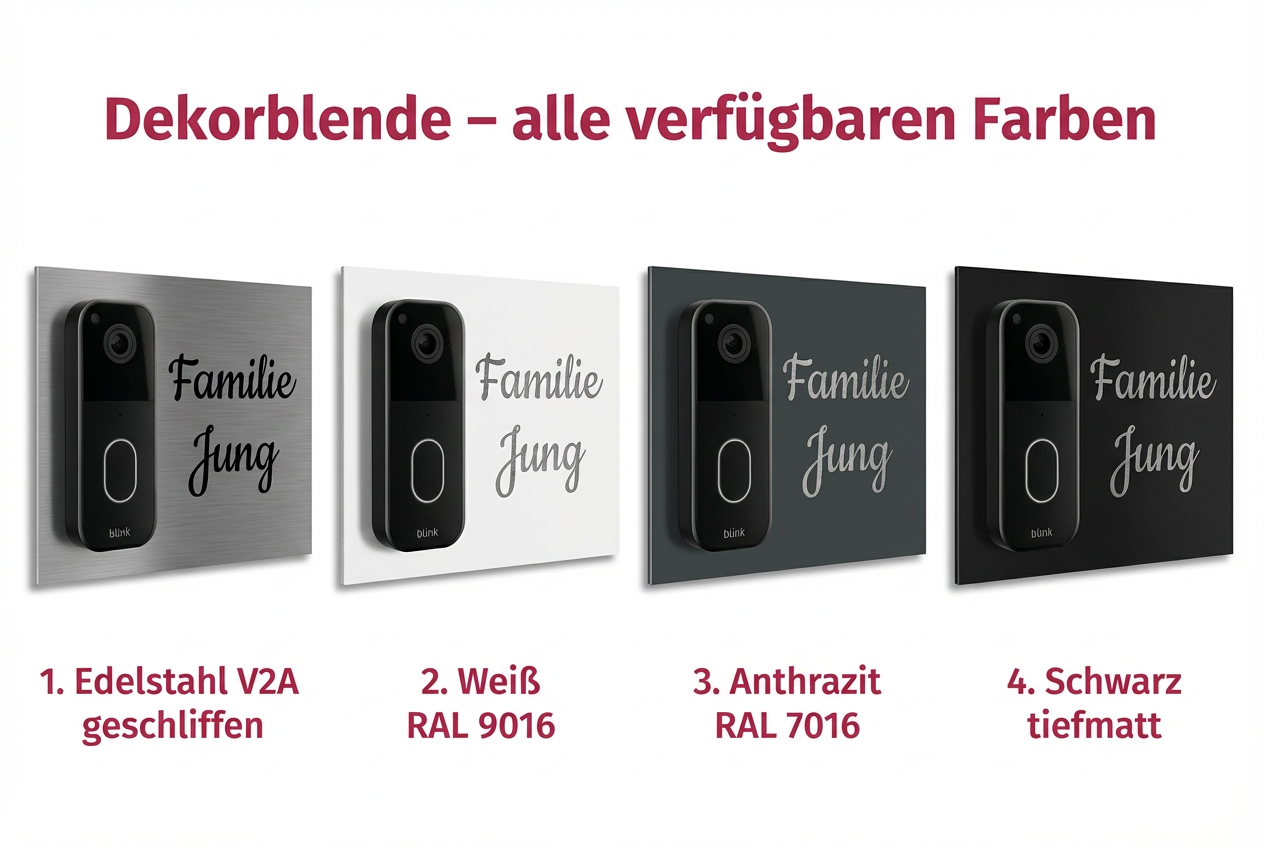„Edelstahlschild für Blink Videotürklingel (neueste Generation) aus V2A Edelstahl, 160 × 200 mm, personalisierbar per Lasergravur oder UV-Druck.“
