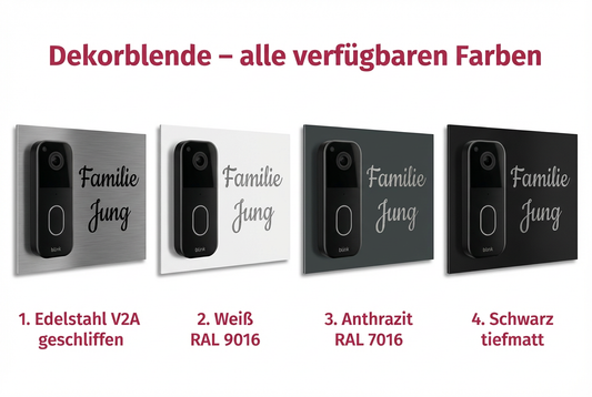 „Edelstahlschild für Blink Videotürklingel (neueste Generation) aus V2A Edelstahl, 160 × 200 mm, personalisierbar per Lasergravur oder UV-Druck.“