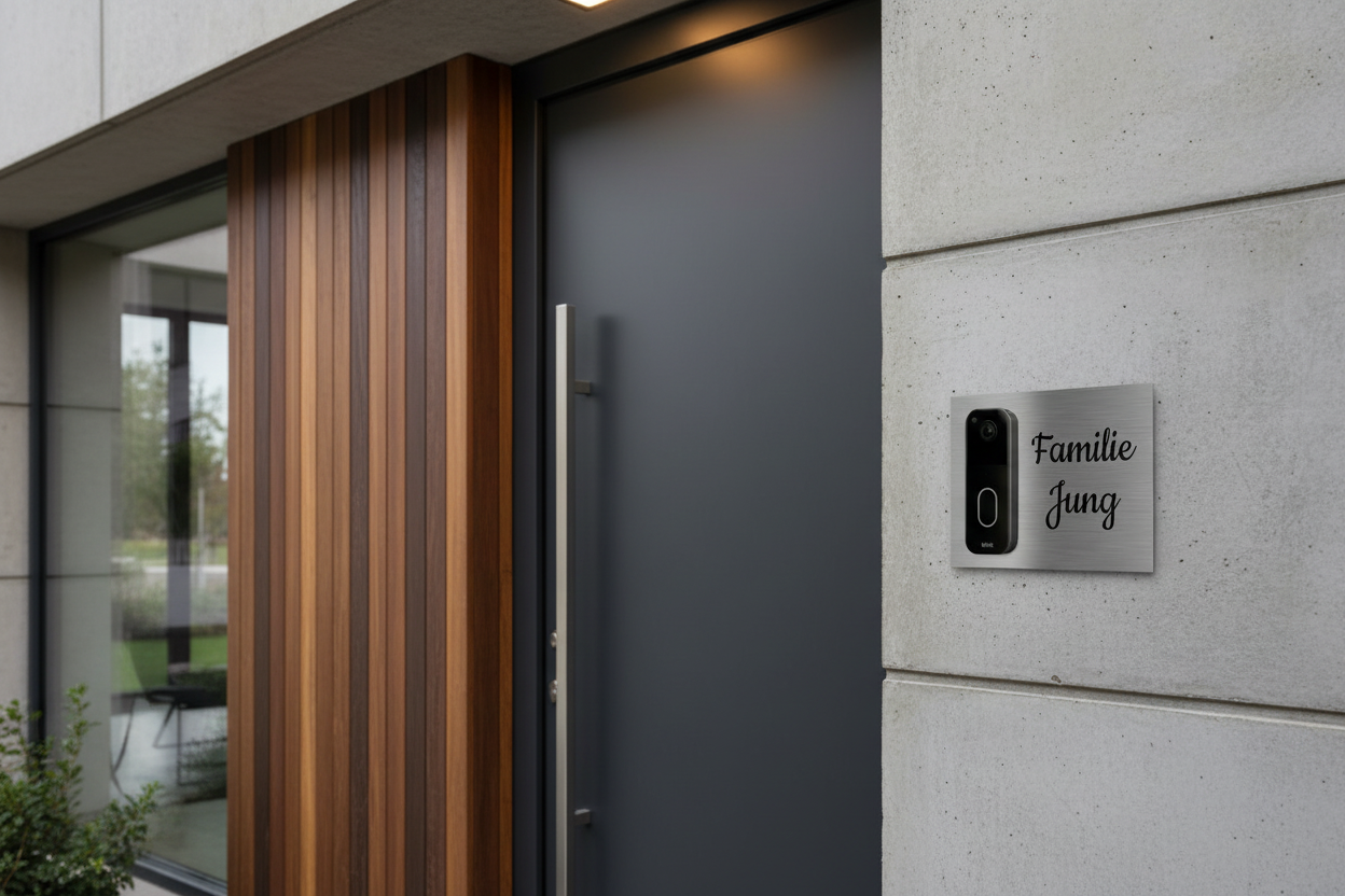 „Edelstahlschild für Blink Videotürklingel (neueste Generation) aus V2A Edelstahl, 160 × 200 mm, personalisierbar per Lasergravur oder UV-Druck.“