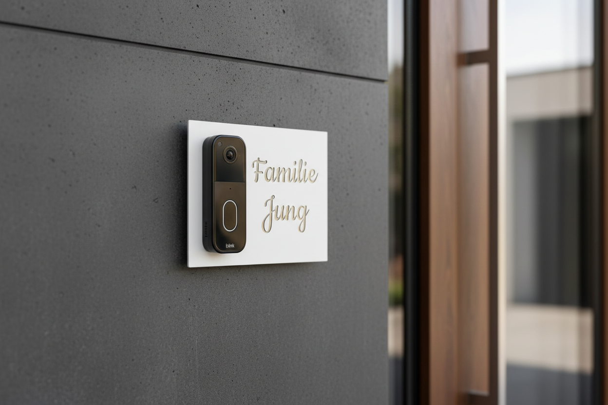 „Edelstahlschild für Blink Videotürklingel (neueste Generation) aus V2A Edelstahl, 160 × 200 mm, personalisierbar per Lasergravur oder UV-Druck.“