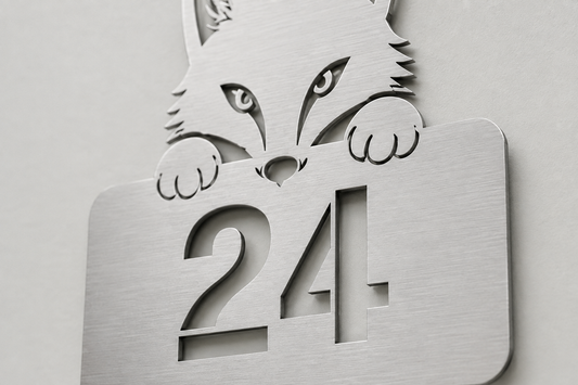 Fuchs Hausnummer 24 – Detailaufnahme der ausgelaserten Ziffern und 2-mm-V2A-Edelstahlkante