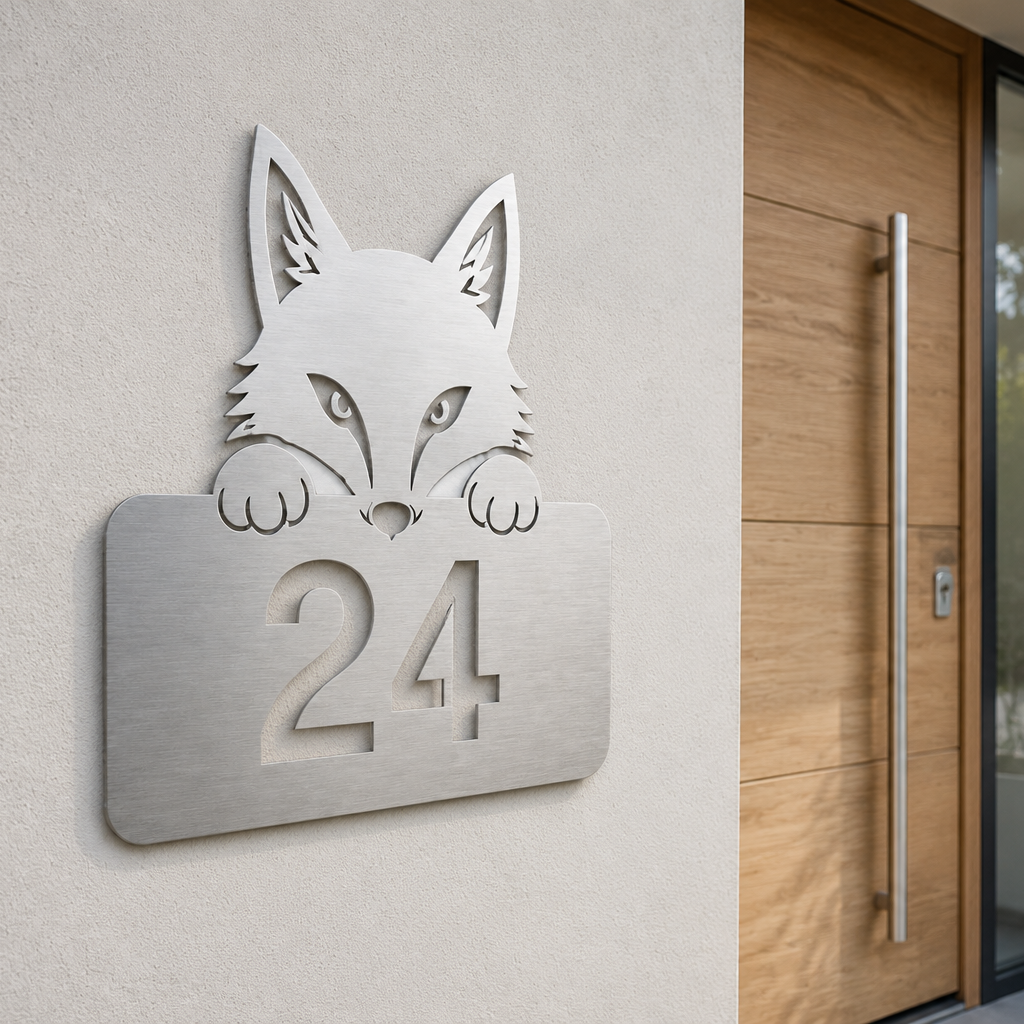 Fuchs Hausnummer 24 aus gebürstetem Edelstahl an einem modernen hellen Hauseingang
