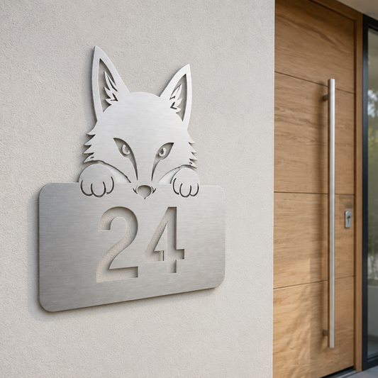 Fuchs Hausnummer 24 aus gebürstetem Edelstahl an einem modernen hellen Hauseingang