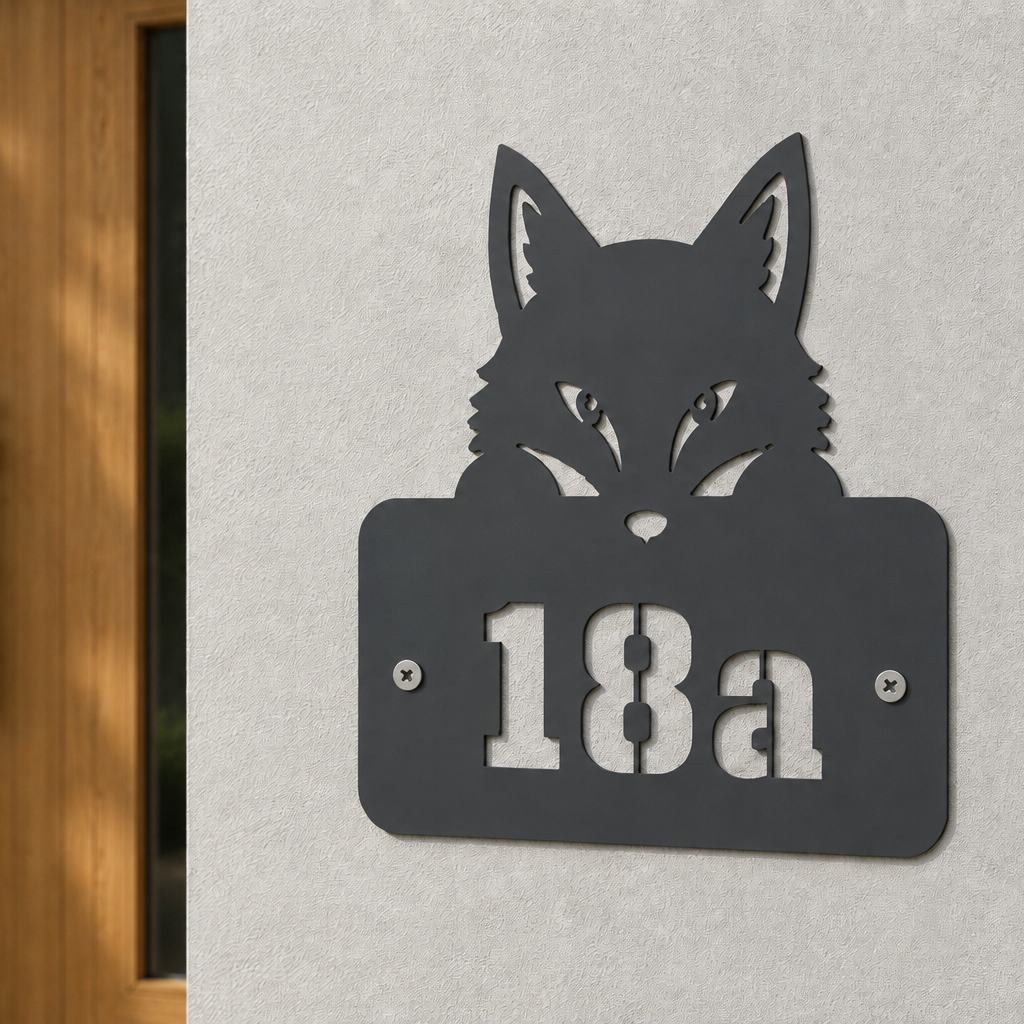 Fuchs Hausnummer 18a in Anthrazit mit sichtbaren Edelstahl-Schrauben an modernem Hauseingang
