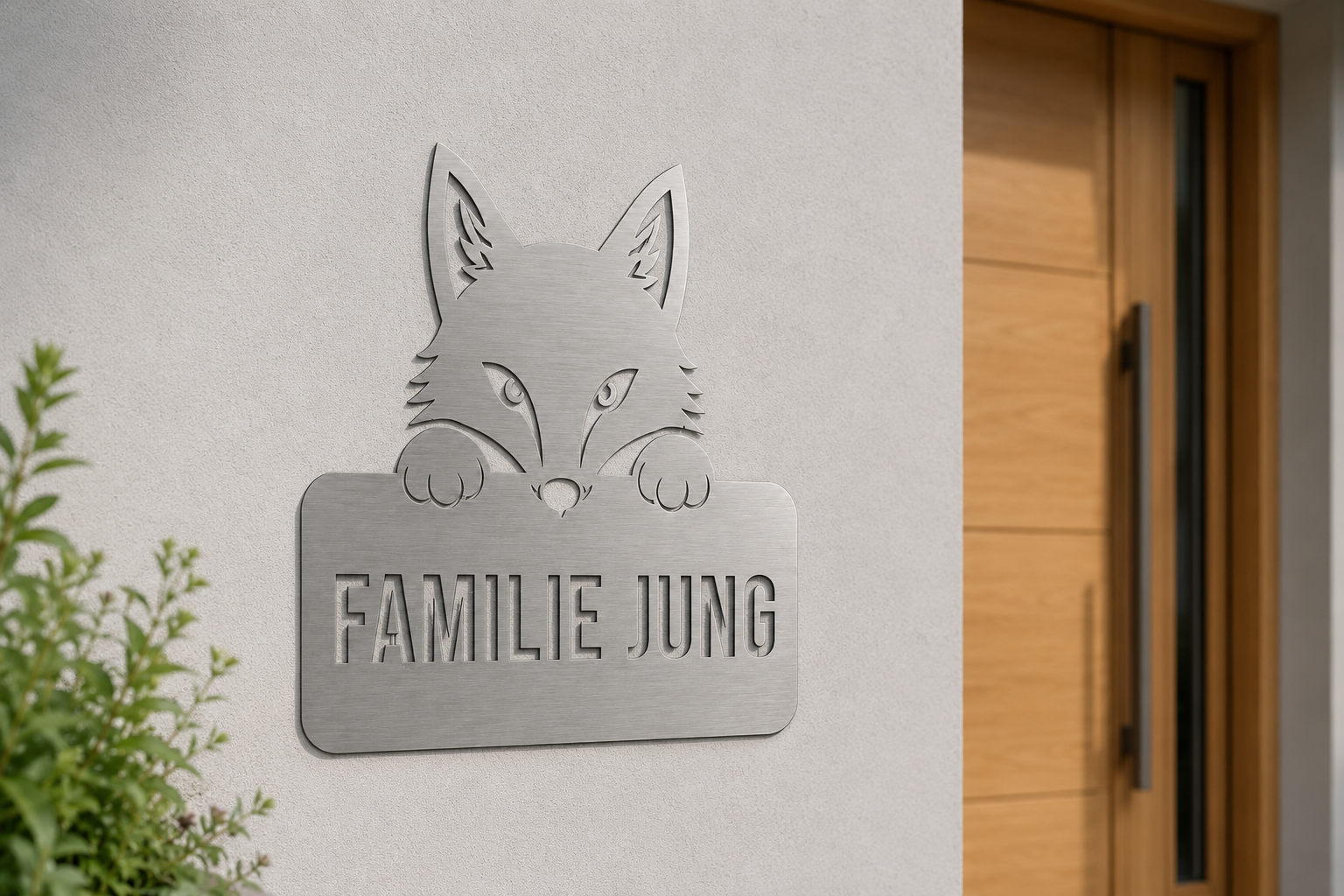 Fuchs Türschild Familie Jung aus horizontal gebürstetem V2A Edelstahl am modernen Hauseingang
