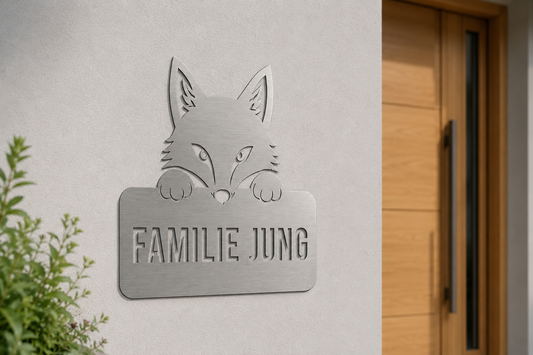 Fuchs Türschild Familie Jung aus horizontal gebürstetem V2A Edelstahl am modernen Hauseingang