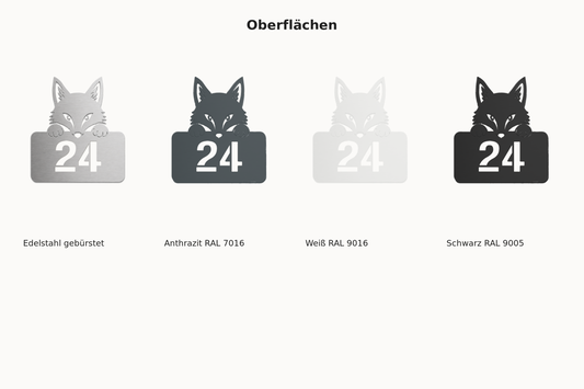 Fuchs Tür- und Hausnummernschild – Oberflächen Edelstahl, Anthrazit, Weiß und Schwarz