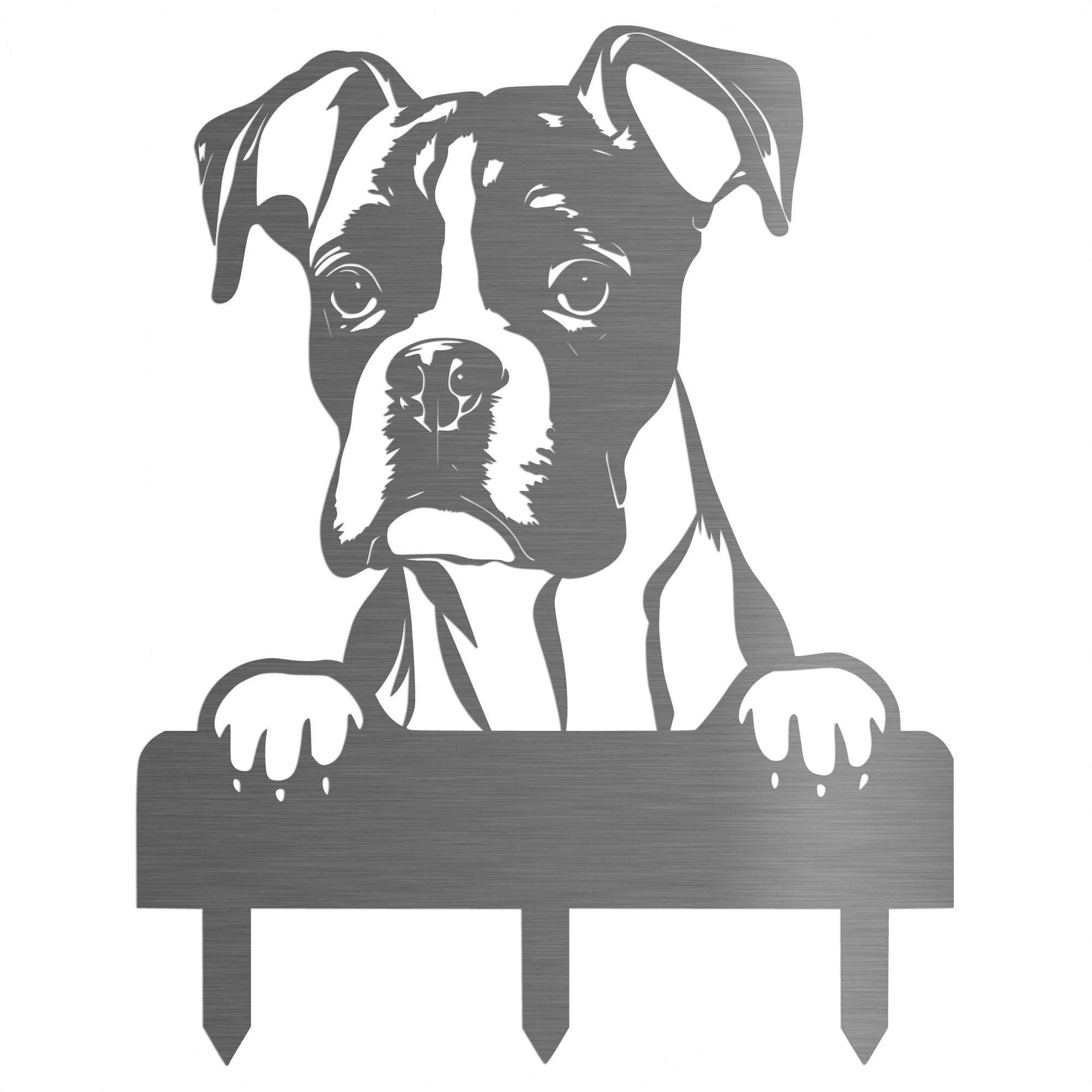Gartenstecker aus Edelstahl mit Boxer-Hund-Motiv, personalisierbar mit Wunschtext – wetterfest und rostfrei
